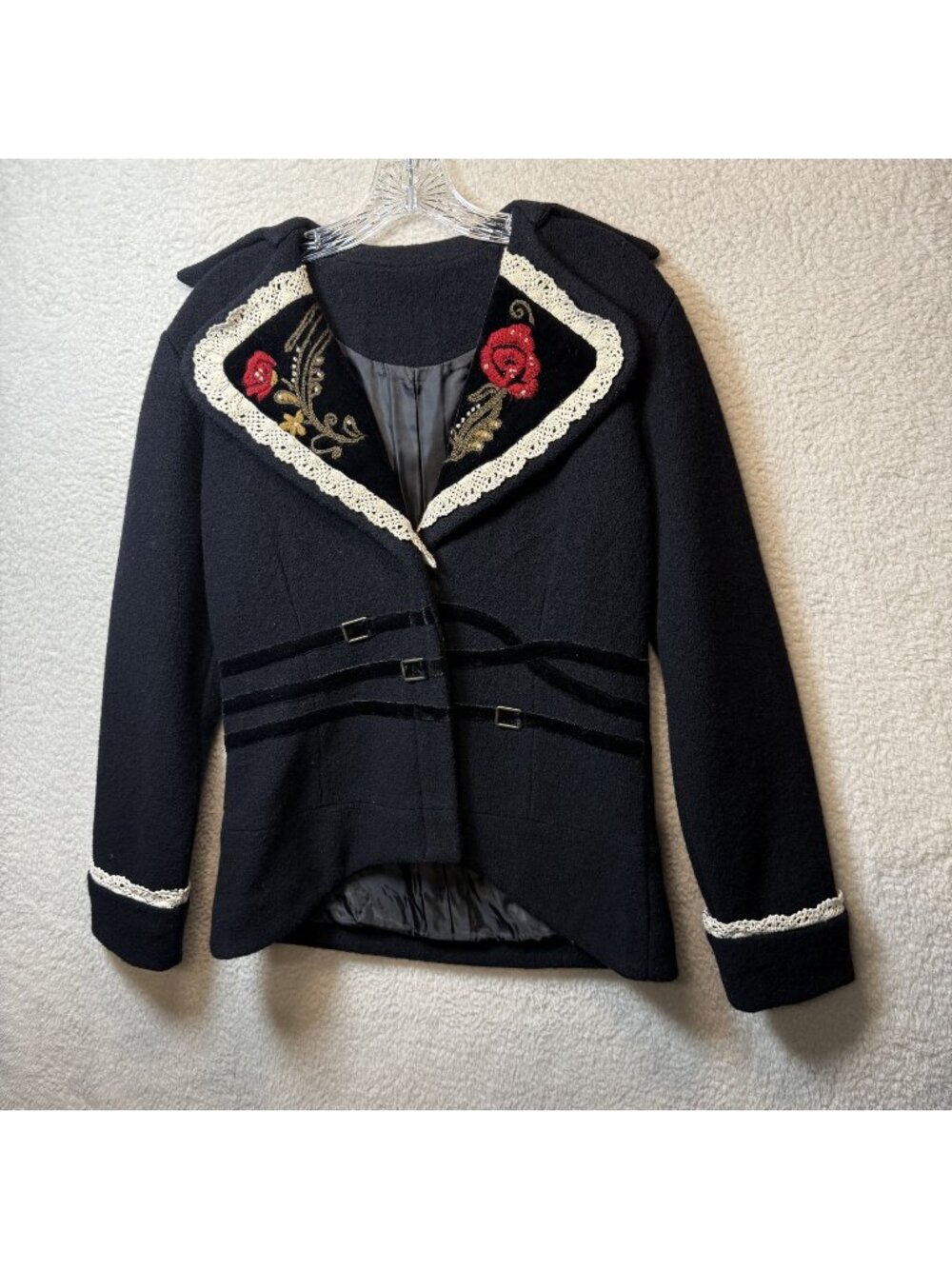 Vintage Black Wool Blend Jacket Embroidered Roses Lace Trim Velvet Accents Med
